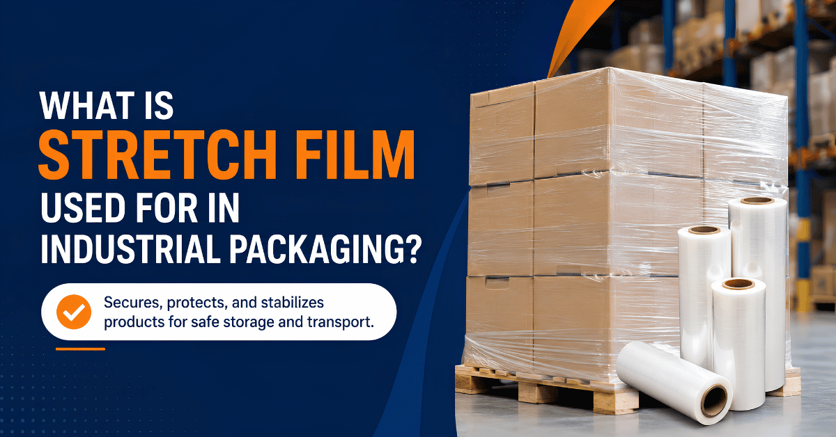 Stretch film rolls and pallet wrapped with stretch film in an industrial warehouse for secure packaging, storage, and transportation.